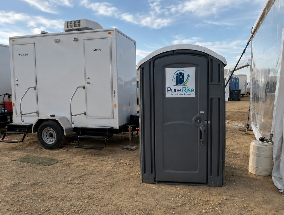 A serviced row of Pure Rise Porta Potty Denver units stocked with fresh toiletries